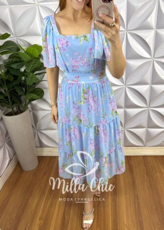 Vestido Chiffon Mídi Com Manga Raglan Estampado Liz - Azul Claro - Milla Chic