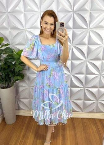 Vestido Chiffon Mídi Com Manga Raglan Estampado Liz - Azul Claro - Milla Chic