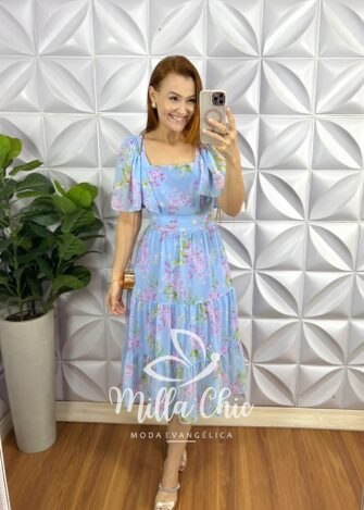 Vestido Chiffon Mídi Com Manga Raglan Estampado Liz - Azul Claro - Milla Chic