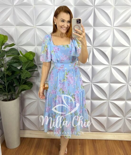 Vestido Chiffon Mídi Com Manga Raglan Estampado Liz - Azul Claro - Milla Chic