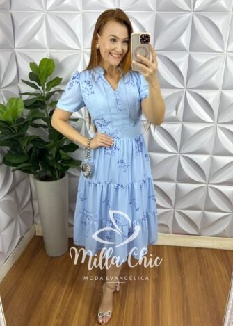 Vestido Chiffon Mídi Estampado Leticia - Azul - Milla Chic