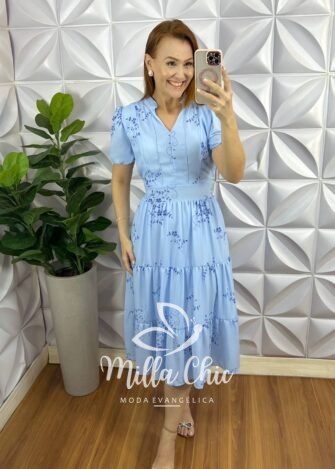 Vestido Chiffon Mídi Estampado Leticia - Azul - Milla Chic