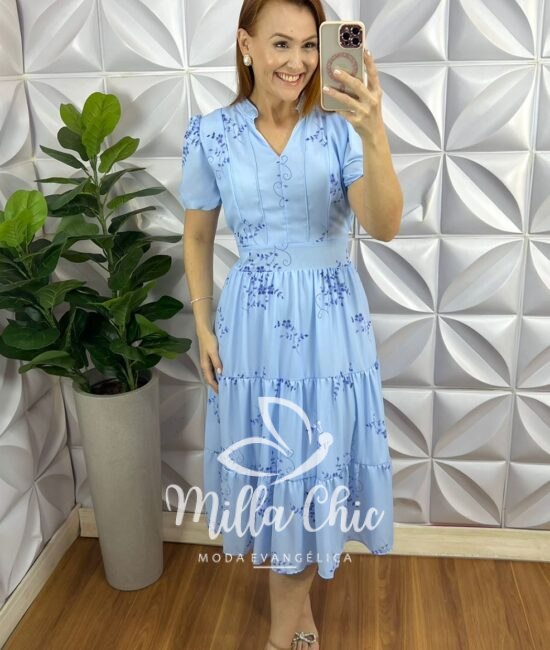 Vestido Chiffon Mídi Estampado Leticia - Azul - Milla Chic