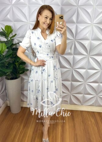 Vestido Chiffon Mídi Estampado Leticia - Branco - Milla Chic