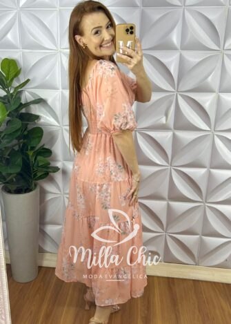Vestido Chiffon Mídi Manga Abalone Com Marias Beth - Salmão - Milla Chic
