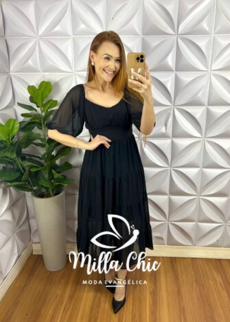 Vestido Chiffon Mídi Manga Abalone Mídi Com Marias Beth - Preto - Milla Chic