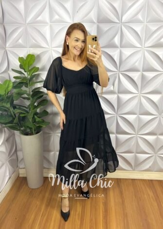 Vestido Chiffon Mídi Manga Abalone Mídi Com Marias Beth - Preto - Milla Chic