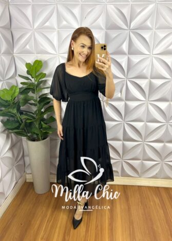 Vestido Chiffon Mídi Manga Abalone Mídi Com Marias Beth - Preto - Milla Chic