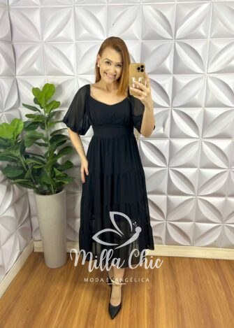 Vestido Chiffon Mídi Manga Abalone Mídi Com Marias Beth - Preto - Milla Chic