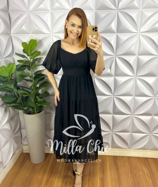 Vestido Chiffon Mídi Manga Abalone Mídi Com Marias Beth - Preto - Milla Chic