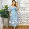 Vestido Chiffon Mídi Manga Abalone Mídi Com Marias Estampado Beth - Azul - Milla Chic