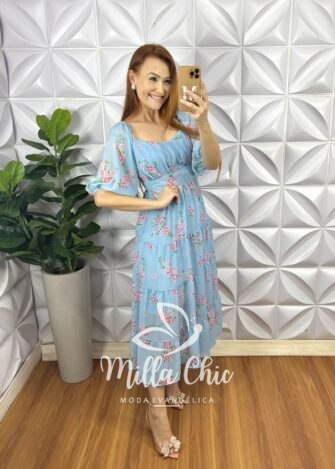 Vestido Chiffon Mídi Manga Abalone Mídi Com Marias Estampado Beth - Azul - Milla Chic