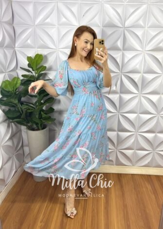 Vestido Chiffon Mídi Manga Abalone Mídi Com Marias Estampado Beth - Azul - Milla Chic