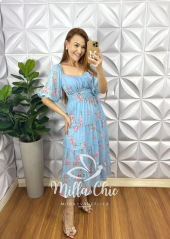 Vestido Chiffon Mídi Manga Abalone Mídi Com Marias Estampado Beth - Azul - Milla Chic