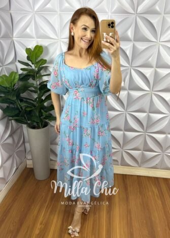 Vestido Chiffon Mídi Manga Abalone Mídi Com Marias Estampado Beth - Azul - Milla Chic