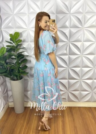 Vestido Chiffon Mídi Manga Abalone Mídi Com Marias Estampado Beth - Azul - Milla Chic