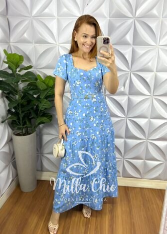 Vestido Crepe Alfaiataria Longo Com Cinto Encapado Edilaine - Azul - Milla Chic