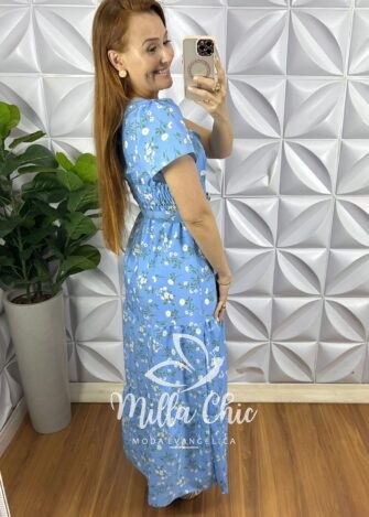 Vestido Crepe Alfaiataria Longo Com Cinto Encapado Edilaine - Azul - Milla Chic