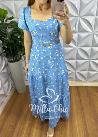 Vestido Crepe Alfaiataria Longo Com Cinto Encapado Edilaine - Azul - Milla Chic