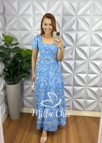 Vestido Crepe Alfaiataria Longo Com Cinto Encapado Edilaine - Azul - Milla Chic