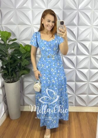 Vestido Crepe Alfaiataria Longo Com Cinto Encapado Edilaine - Azul - Milla Chic