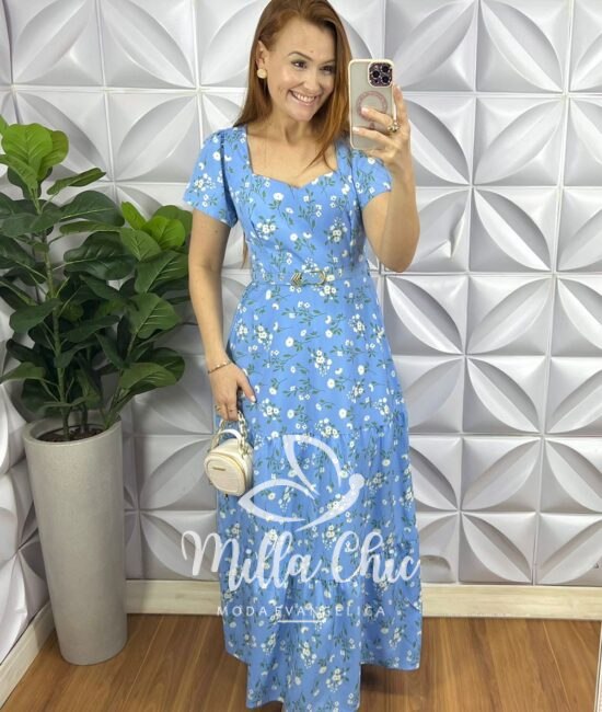 Vestido Crepe Alfaiataria Longo Com Cinto Encapado Edilaine - Azul - Milla Chic