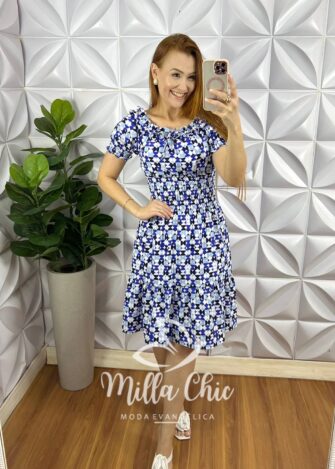 Vestido Crepe Alfaiataria Curto Estampado Margarete - Azul - Milla Chic