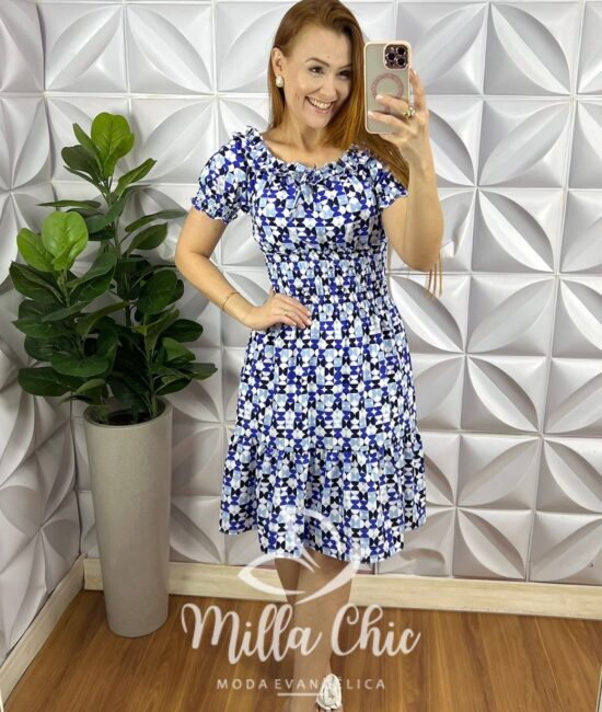 Vestido Crepe Alfaiataria Curto Estampado Margarete - Azul - Milla Chic