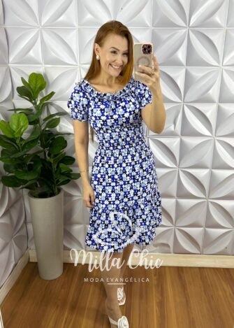 Vestido Crepe Alfaiataria Curto Estampado Margarete - Azul - Milla Chic