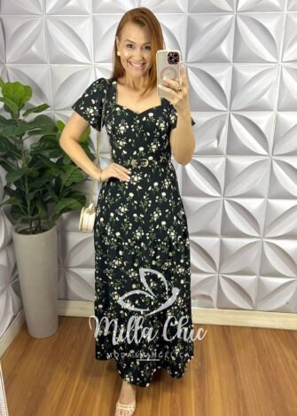 Vestido Crepe Alfaiataria Longo Com Cinto Encapado Edilaine - Preto - Milla Chic