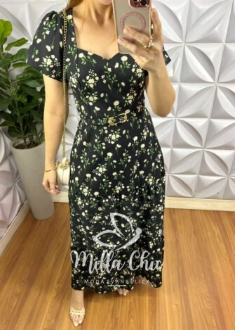 Vestido Crepe Alfaiataria Longo Com Cinto Encapado Edilaine - Preto - Milla Chic