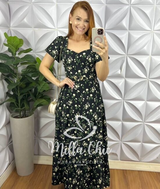 Vestido Crepe Alfaiataria Longo Com Cinto Encapado Edilaine - Preto - Milla Chic