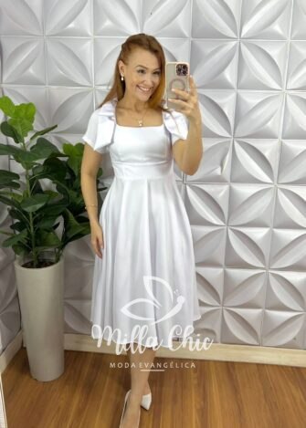 Vestido Crepe Alfaiataria Mídi Godê Com Laço Alice - Branco - Milla Chic