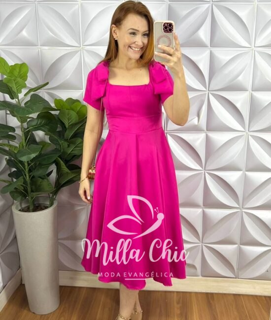 Vestido Crepe Alfaiataria Mídi Godê Com Laço Alice - Rosa - Milla Chic