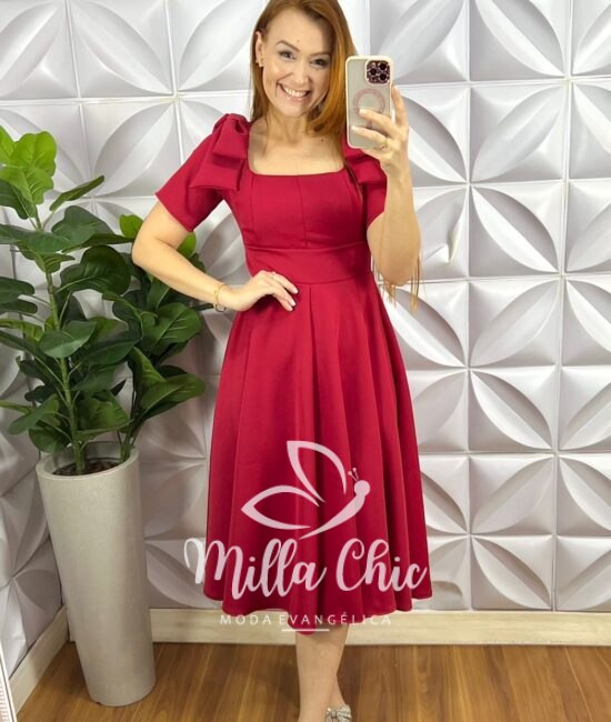 Vestido Crepe Alfaiataria Mídi Godê Com Laço Alice - Vermelho - Milla Chic