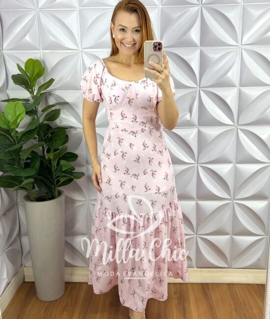 Vestido Crepe Dunna Longo Com Bojo Talyta - Rosa - Milla Chic