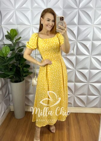 Vestido Crepe Dunna Super Mídi Com Bojo Mariana - Amarelo - Milla Chic