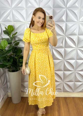Vestido Crepe Dunna Super Mídi Com Bojo Mariana - Amarelo - Milla Chic
