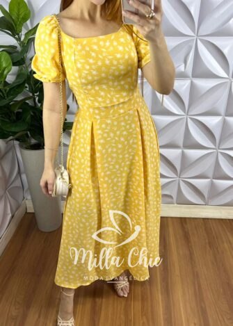 Vestido Crepe Dunna Super Mídi Com Bojo Mariana - Amarelo - Milla Chic