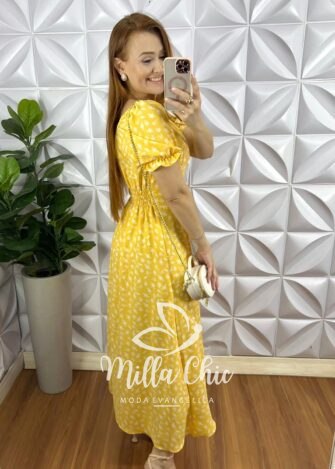 Vestido Crepe Dunna Super Mídi Com Bojo Mariana - Amarelo - Milla Chic