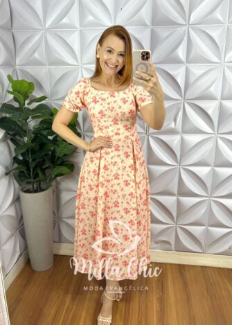 Vestido Crepe Seda Super Mídi Com Bojo Mariana - Creme Com Rosa - Milla Chic