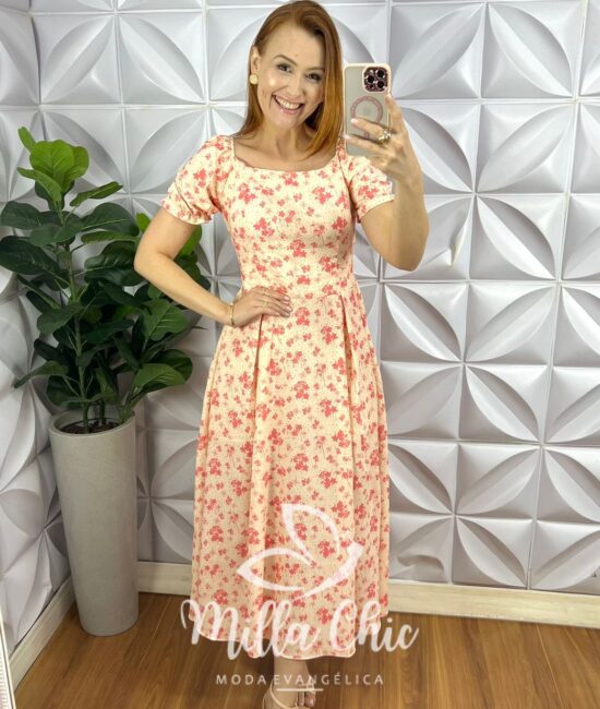 Vestido Crepe Seda Super Mídi Com Bojo Mariana - Creme Com Rosa - Milla Chic