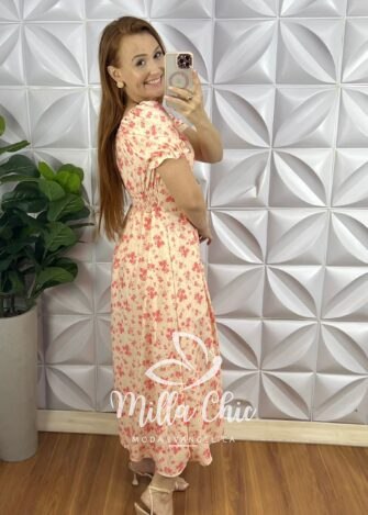 Vestido Crepe Seda Super Mídi Com Bojo Mariana - Creme Com Rosa - Milla Chic