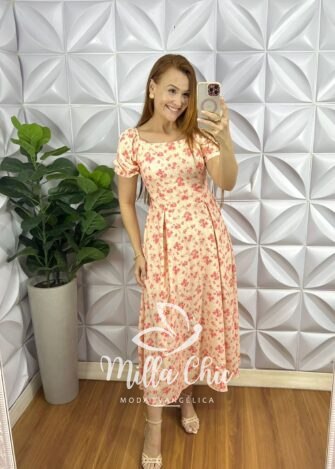 Vestido Crepe Seda Super Mídi Com Bojo Mariana - Creme Com Rosa - Milla Chic