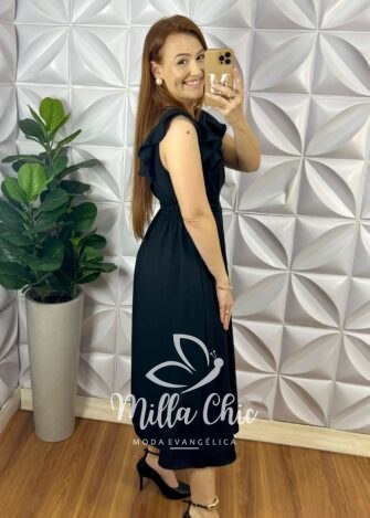 Vestido Crepe Dunnas Alto Relevo Midi Isabel - Preto - Milla Chic