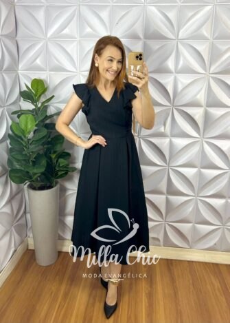 Vestido Crepe Dunnas Alto Relevo Midi Isabel - Preto - Milla Chic