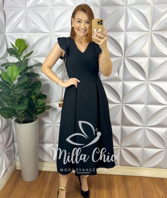 Vestido Crepe Dunnas Alto Relevo Midi Isabel - Preto - Milla Chic