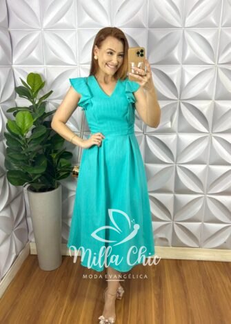 Vestido Crepe Dunnas Alto Relevo Midi Isabel - Verde - Milla Chic