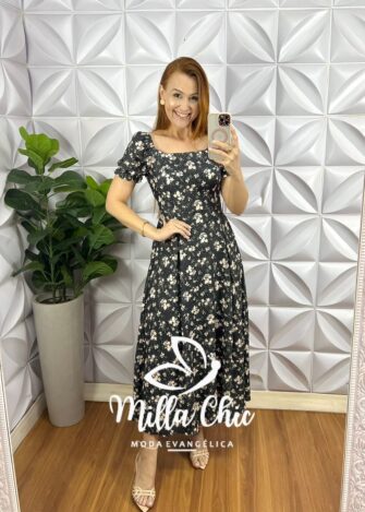 Vestido Crepe Seda Super Mídi Com Bojo Mariana - Preto - Milla Chic