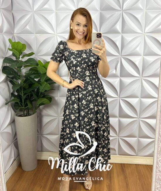 Vestido Crepe Seda Super Mídi Com Bojo Mariana - Preto - Milla Chic